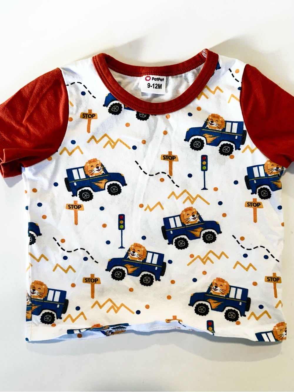 PatPat White Tee with Red Sleeves and Blue Lion Truck Print
